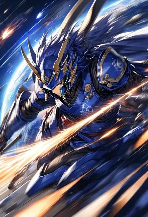 Blue space samurai, background：Countless meteors and the Earth(( motion blur :1.4))