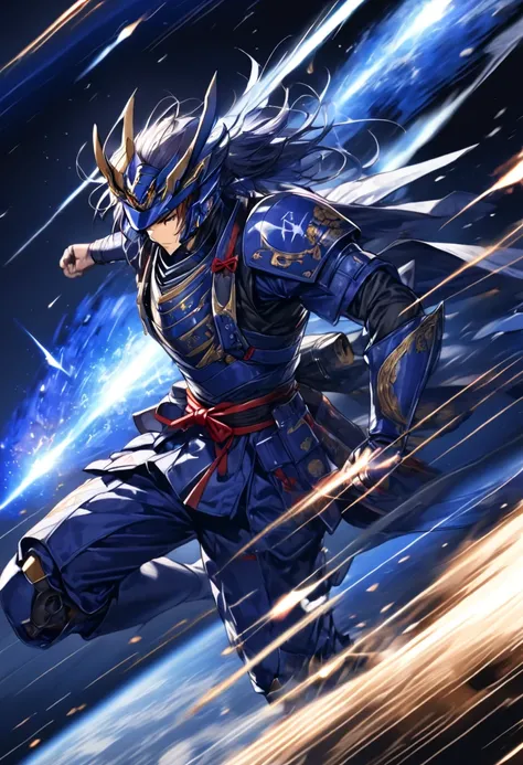 Blue space samurai, background：Countless meteors and the Earth(( motion blur :1.4))