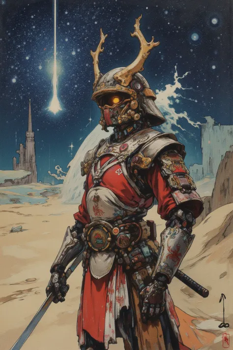   Kubrick movie inspired photo ,  異なる惑星の宇宙ステーションで剣を振るう Cyberpunk Samurai の写真があります, This is an ultra-detailed picture inspired by Utagawa Kuniyoshi,   AI helmets with futuristic elements , robot arm,  traditional Japanese patterns on armor （ripple、Cherry bl...