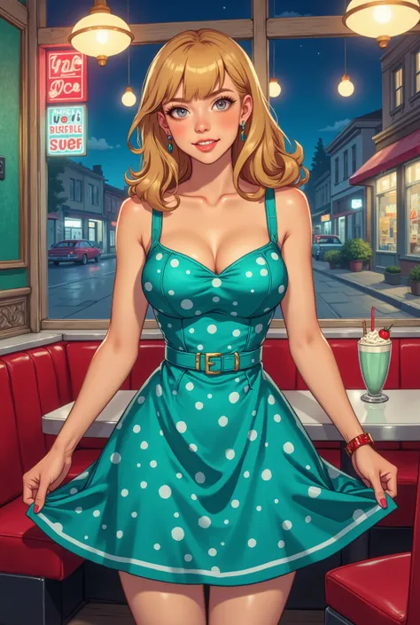 illustration of A stunningly beautiful sexy age girl,a scene from 1960s, featuring a lively woman standing in a diner. her teal swing dress has white polka dots. she lifts the hem slightly, allowing the skirt to fan out and to show off her new dress. her h...