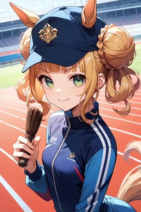 1 girl,small breast,blonde hair,twin bun,[wavy hair:0.5],blunt bangs,green eyes,sharp eyes,big eyes,smirk,closed mouth,blue Parker,black Cap,holding,horse ears,horse tail,umamusume,race track,masterpiece