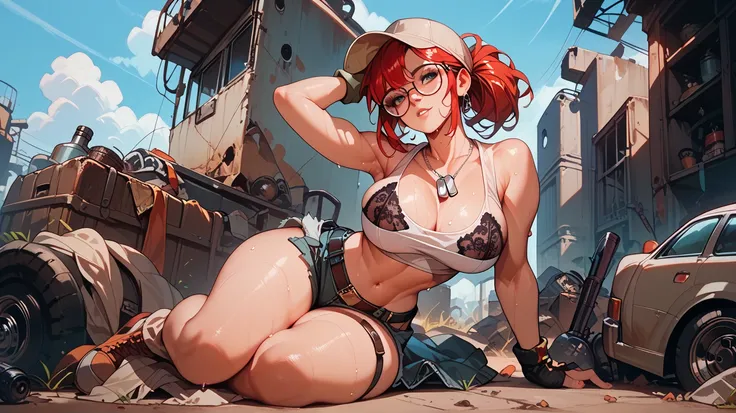  Sexy Fio Germi, UHD, with glasses, con dog tags, cap,  Redhaired , in a wasteland,  big breasts , pose sexy, thigh strap, About a tank, sweating, full body, wearing black lace lingerie,  legs open,