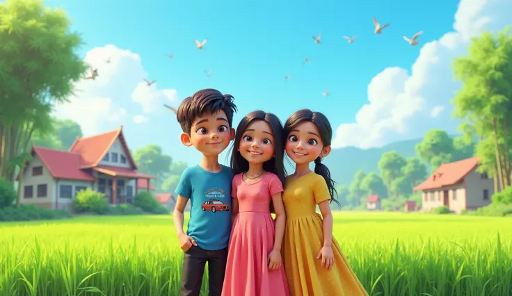 Prompt: A cinematic, painting-style 3D render of three age friends standing together in a vibrant rural setting. The background features a lush green paddy field, a bamboo grove, and a small, colorful village. Additionally, a college building is visible in...