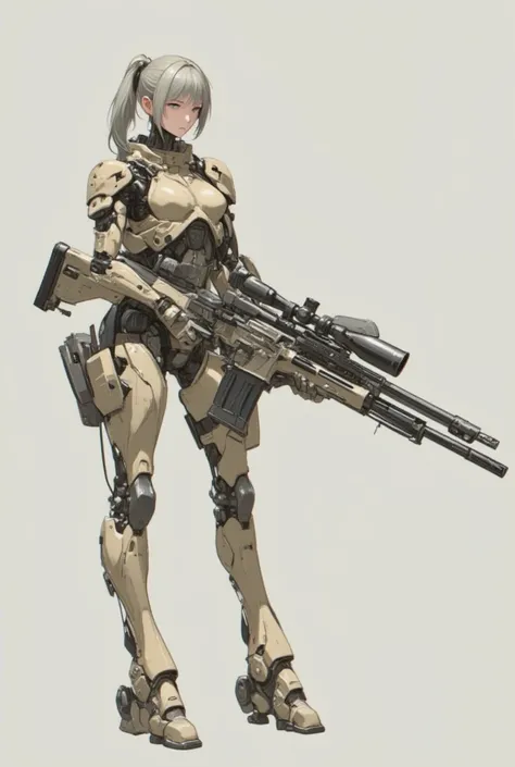 A young anime-style female character, positioned slightly off-center to the left of the image, is depicted in a futuristic military-style outfit.  She has light gray/silver hair in a ponytail. Her expression is serious and focused. Her body type is slender...