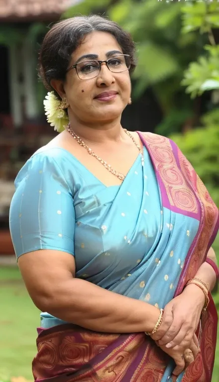 Selfie of mature,sexy sheela, sexy milf, hot curvy, chubby, cute face,standing in garden, 55yo, wearing light blue floral and dot design sari ,(cinematic:1.3), intricate details, (ArtStation:1.2),detailed face, 4k, UHD,beautiful eyes, realistic skin textur...