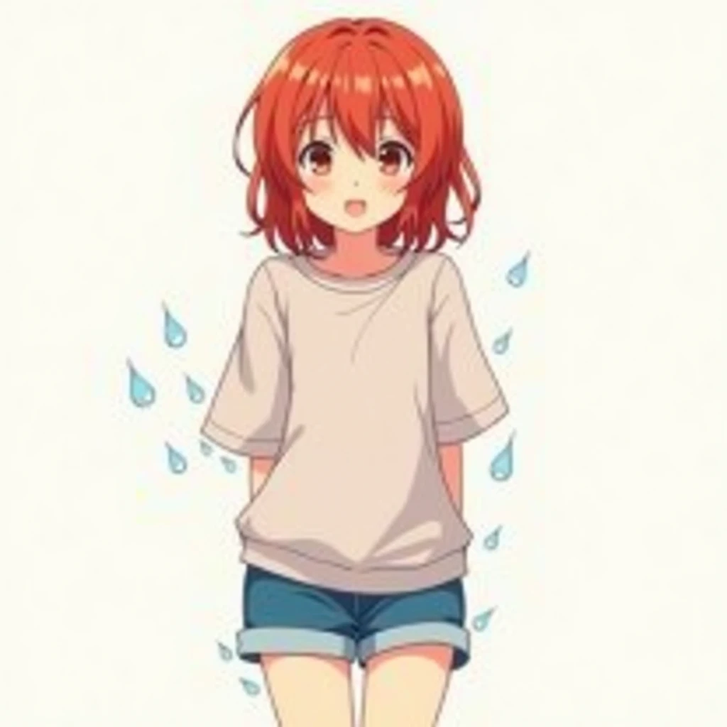 Anime girl with red hair up to her shoulders in shorts and water drops out of underpants