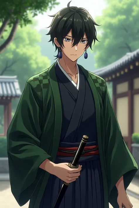  Kamado Tanjiro. He wears a high-quality replica of the black and green checkered haori, dark kimono, and hakama. Hanafuda earrings are visible. He stands in a calm stance, one hand resting on the hilt of his Nichirin blade. Soft, natural light illuminates...