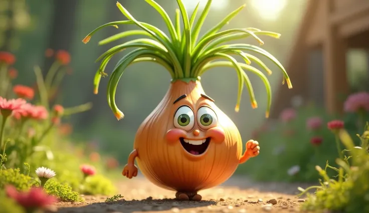 long chives growing from an onion with eyes and a smiling face for ren. 3D, animation. Disney Pixar style.