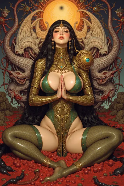 1 girl,((beautiful goddess,curvy body)),((zazen,buddha pose,sitting,praying hands:1.5)),body horror, portrait ,close up,third eye,biomachine,(bloody),shining sun, living being, (vivid color),(colorful),(tangled:1.2),wearing body suit, H.R Giger style, wing...