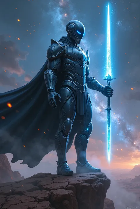 1male, futuristic warrior in sleek metallic armor with glowing blue accents and intricate engravings, wielding a plasma sword with a radiant blue energy core; the armor features a flowing black cape with torn edges, adding a sense of movement; helmet sligh...