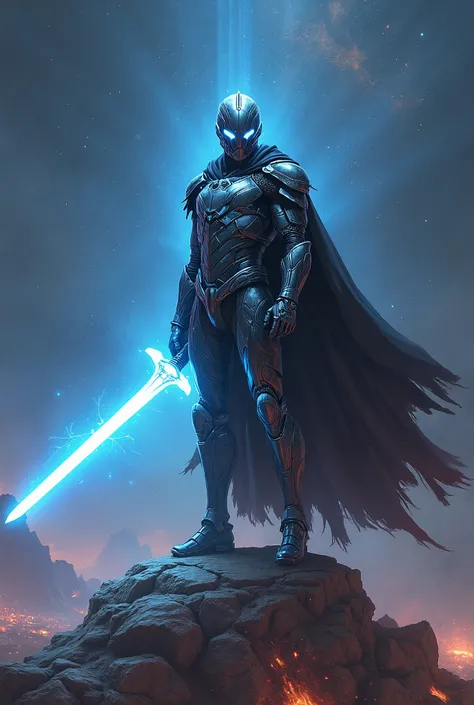 1male, futuristic warrior in sleek metallic armor with glowing blue accents and intricate engravings, wielding a plasma sword with a radiant blue energy core; the armor features a flowing black cape with torn edges, adding a sense of movement; helmet sligh...