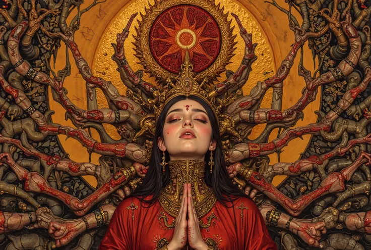 1 girl,((beautiful goddess,motherly)),((zazen,buddha pose,sitting,praying hands:1.5)),body horror, portrait ,close up,third eye,biomachine,(bloody),shining sun, living being, (vivid color),(colorful),(tangled:1.2),(wearing robe:1.2), H.R Giger style, wingr...