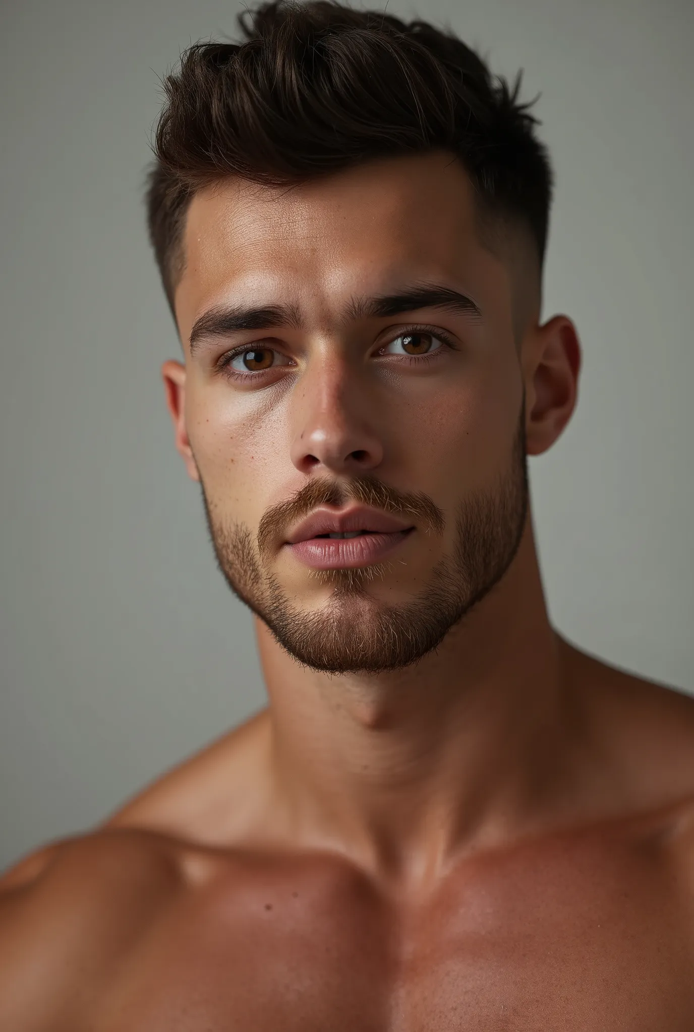 a young white man wearing a short and modern shirtless brown goatee