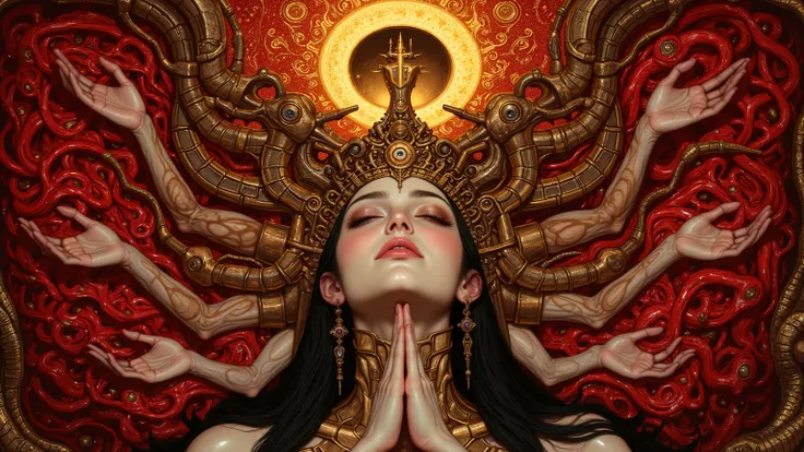 ((face close up,forcus face)),1 girl,((beautiful goddess,motherly)),((zazen,buddha pose,sitting,praying hands:1.5)),body horror, portrait ,close up,third eye,biomachine,(bloody),shining sun, living being, (vivid color),(colorful),(tangled:1.2),(wearing rob...