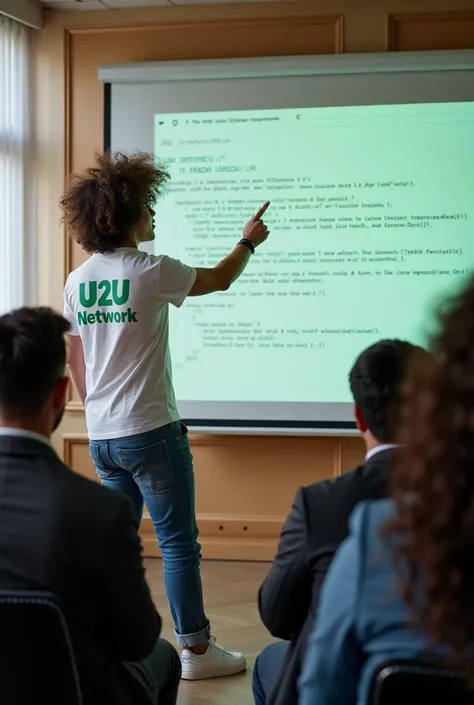 Layer 1 Power: Alex, curly hair bouncing, white t-shirt with U2U Network boldly written in green, blue jeans and white sneakers on, points to a line of code.  "U2U Network, a Layer 1 blockchain.  The foundation for DePIN, scalable, secure, and efficient." ...