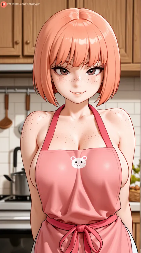 a closeup portrait of a girl, classic bob, apron, amazing body, pronounced feminine feature, busty, kitchen, [ash blonde | ginger | pink hair], freckles, flirting with camera