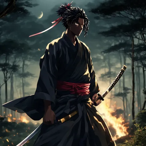 A dark-skinned male student, He's wearing a oversized black samurai Hakama uniform, traditional Japanese Jingasa straw hat and Japanese samurai sandals, his hair is long and black. He has a katana on his hip, made and forged with both gold and Scarlett ore...