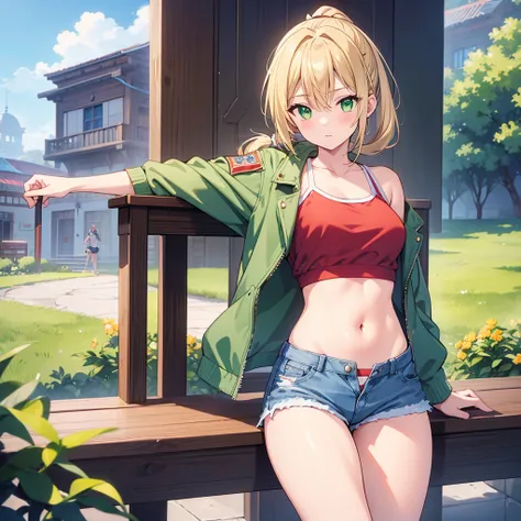  masterpiece,  top quality,  Illustration of , Town Town ,  1 girl,  asiento l edificio  \(destiny\), cowboy shot, clavicle, Detailed blonde ponytail braid,  green eyes,   red leather jacket by Mr. Nomi  ,   white short blouse ,   denim shorts  ,belly butt...