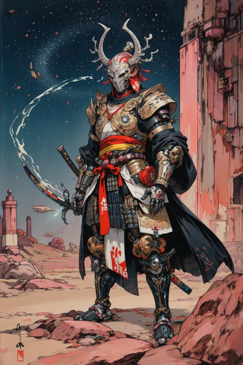   Kubrick movie inspired photo ,  異なる惑星の宇宙ステーションで剣を振るう Cyberpunk Samurai の写真があります, This is an ultra-detailed picture inspired by Utagawa Kuniyoshi,  Helmets AI helmets for futuristic elements, robot arm,  traditional Japanese patterns on armor （ripple、Cher...