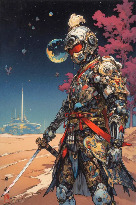   Kubrick movie inspired photo ,  異なる惑星の宇宙ステーションで剣を振るう Cyberpunk Samurai の写真があります, This is an ultra-detailed picture inspired by Utagawa Kuniyoshi,  Helmets AI helmets for futuristic elements, robot arm,  traditional Japanese patterns on armor （ripple、Cher...