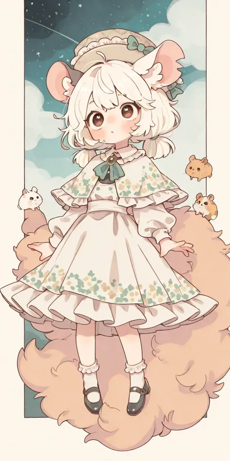 solo,1girl\(looking up at the sky,Hamuko-chan, cream-color hair,bangs,nit dress\(,Scandinavian pattern\),nit capelet\(nit,Scandinavian pattern\),nit hat\(nit,Scandinavian pattern\),hamster ears\). BREAK .background\((many hamster\(small, cubby, fluffy,\) f...