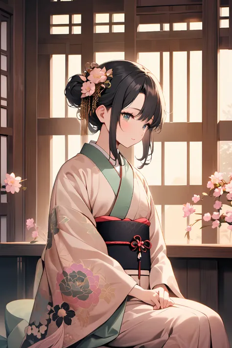 beautiful young woman, Japanese courtesan (Koushi Jorou), traditional Shimada mage hairstyle with no buns, round top bun, long side locks neatly tied with a black silk ribbon, no front bangs, black hair with smooth flowing locks, no side buns or flower acc...