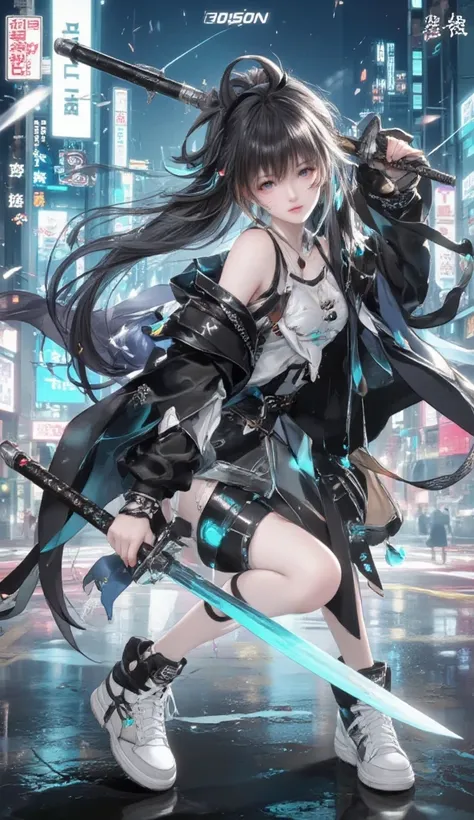 "A female anime character with an urban samurai theme, wearing a stylish black and white outfit. She has a beautiful anime face with long, flowing hair and wears sneakers. She holds a sharp, futuristic samurai sword with a confident stance. The background ...