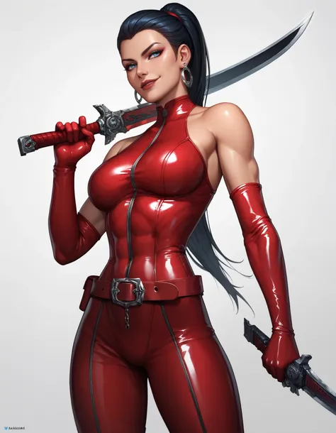 female red sleveless latex bodysuit with belt, red belt, racerback, bare shoulders, long gloves, red gloves, toned arms, tall, beautiful faces, red ponytail with showing forehead, long ponytail, earrings, black earrings, soft smooth skin, pale skin, white ...