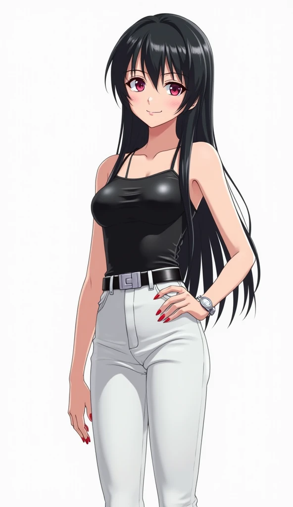 Japanese anime adolescent woman with long straight black hair and intense magenta eyes and red nails and white watch on her left wrist and wears a tight blouse made of material similar to leather or latex in black,  with thin straps . She also wears tight ...