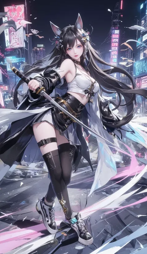 "A female anime character with an urban samurai theme, wearing a stylish black and white outfit. She has a beautiful anime face with long, flowing hair and wears sneakers. She holds a sharp, futuristic samurai sword with a confident stance. The background ...