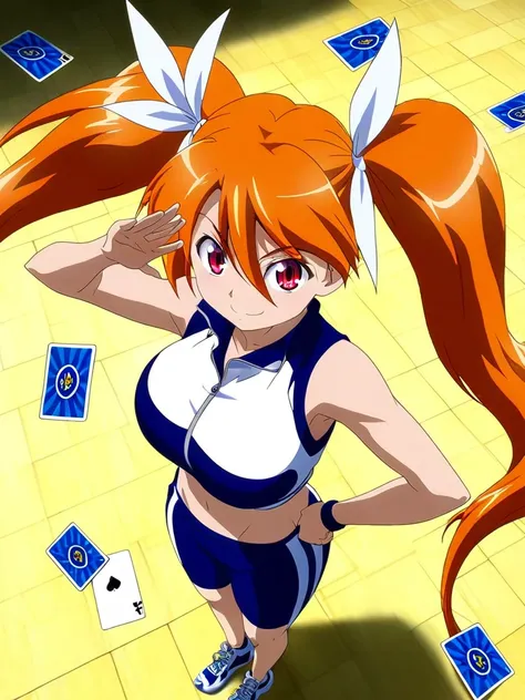  1girl ,Alone,Strong-willed,Winning spirit,midriff peek,sleeveless,orange hair,long hair,red eyes,slant eyes,hobby anime,anime,smile,sporty,big breasts,twintail,bangs,furturistic,furturistic clothes,full body,right hand on own hip,full body,closed mouth, r...