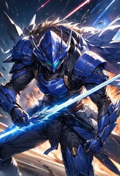 Blue space samurai, Slash down a ferocious predatory alien with a blue laser blade:1.8, background：Countless meteors and the Earth(( motion blur :1.4))