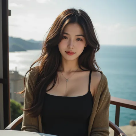 Beautiful woman in a tight plain t-shirt,  busty, combined with a cardigan, Sitting in a restaurant with a view of the sea, view from the top of the cliff, Smile on the face full of seductive aura