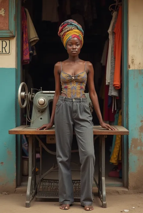 An African woman wearing a corset top with trouser standing in front of her shop with industrial machine holding clothes 