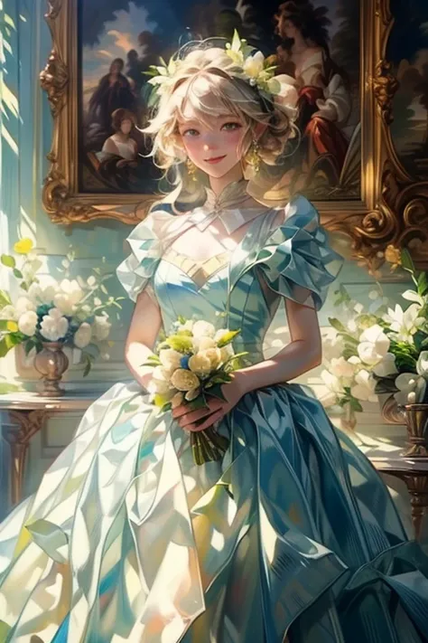 (( top quality)), (( masterpiece)), (Get used to it),  perfect face ,  beautiful girl ,  princess , green , bouquet , smiles,  happy/joy,  smile,  has sparkling eyes,  shy, 