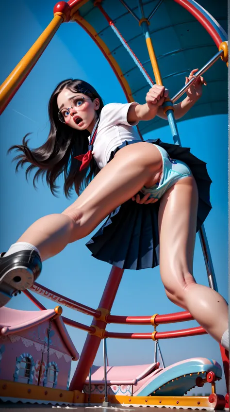 NSFW,best quality,high resolution,realistic,ultra detailed,1 cute very young girl,(short stature:1.3),black long hair,big round glasses,Japanese junior high school student,school uniform,(slide cute panties:1.5),at school,erect nipples,surprised face,blush...