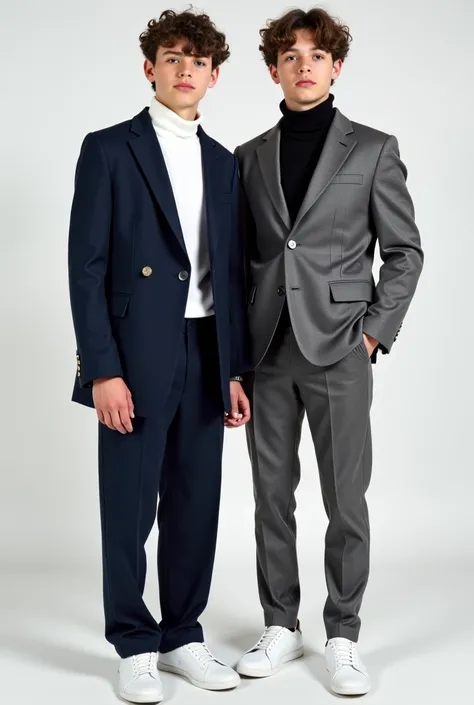 A teenager with a dark blue coat suit and dark blue pant and white turtleneck t-shirt and white sneakers and a white teenager next to him with a grey coat suit and grey pant with a black  turtleneck t-shirt and white sneakers