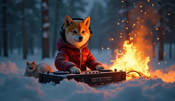 ( very realistic and detailed campfire ( snow ) campfire flames emanating from night fog ), ( Shiba Inu piloting DJ kit in front of fireplace, wearing headphones, one hand on ear, other hand scratch ), realistic snow and fire , realistic RAW photo, ( very ...