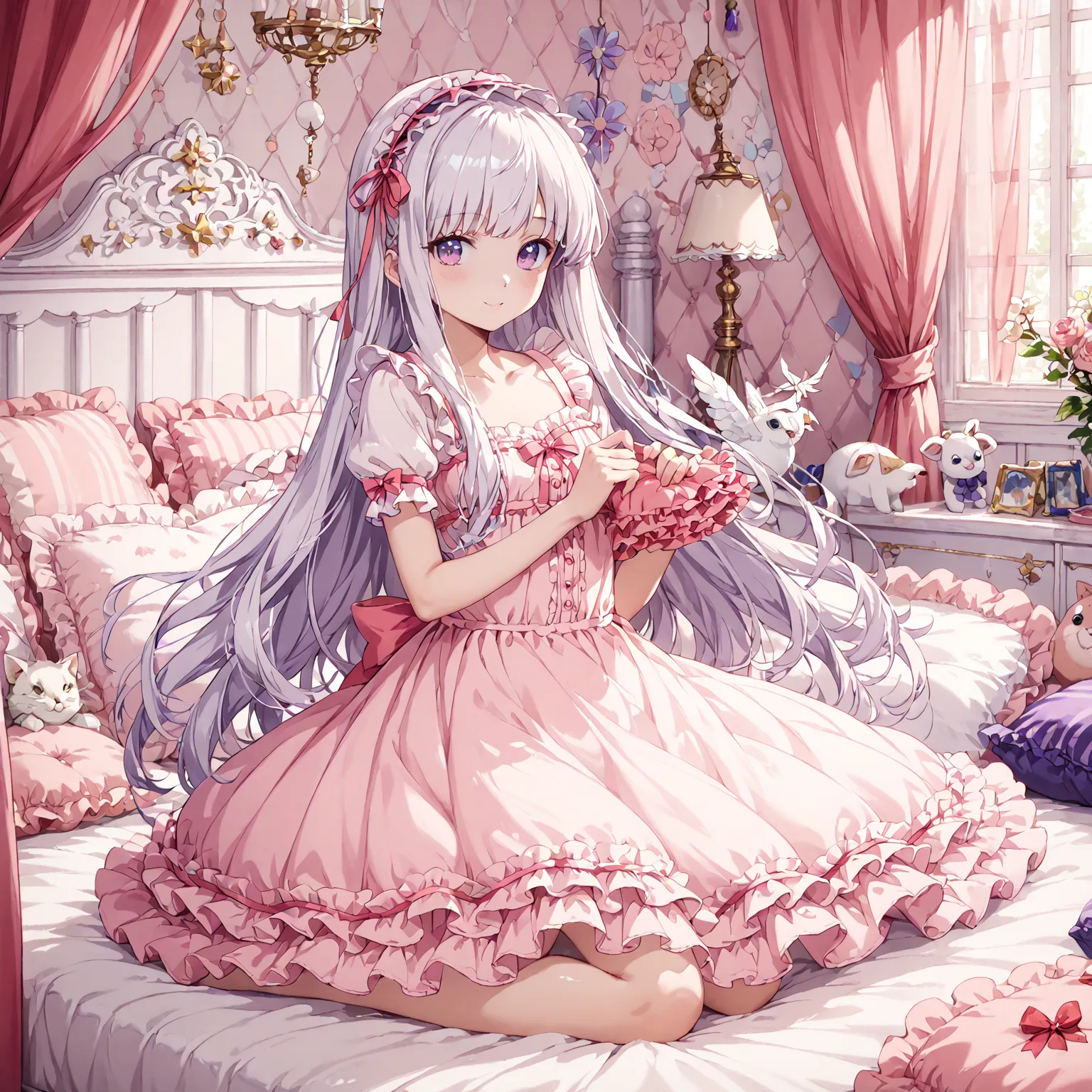  Long hair unraveled golden color, easy purple color eyes,  Ghibli style animated illustration  ,   The girl sleeps on the bed  ,anime illustrations,   Lots of small white feathers  ,   Lolita fashion long-sleeved skirt nightgown with frills and ribbons,  ...