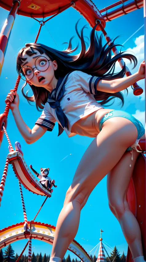 NSFW,best quality,high resolution,realistic,ultra detailed,1 cute very young girl,(short stature:1.3),black long hair,big round glasses,Japanese junior high school student,school uniform,(slide cute panties:1.5),at school,erect nipples,surprised face,blush...