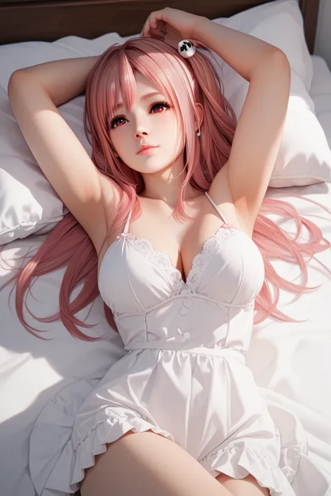 score_9, score_8_up, score_7_up,
DOAHonoka, 1girl, pink hair, red eyes, long hair, one side up, looking at viewer, looking at viewer, laying back, on bed, arms up