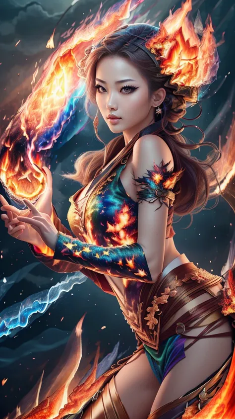 8K, ultra detailed, masterpiece, 1 fire girl, good face, detailed eyes, very long hair, hire hair, (fire outfit:1.8), (Rainbow outfit:1.5), (spreading fire:1.5), (flame aura:1.4), flame in hands, perfect body,