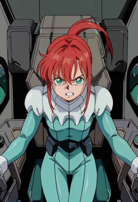 official art,  masterpiece, best quality, absurdres, very aesthetic, 1girl, female focus, solo, AWGXS, anime screenshot, retro artstyle,1990s (style), cel animation, 1girl, female focus, solo, alma_CF, red hair, short hair with long locks, bangs, sidelocks...