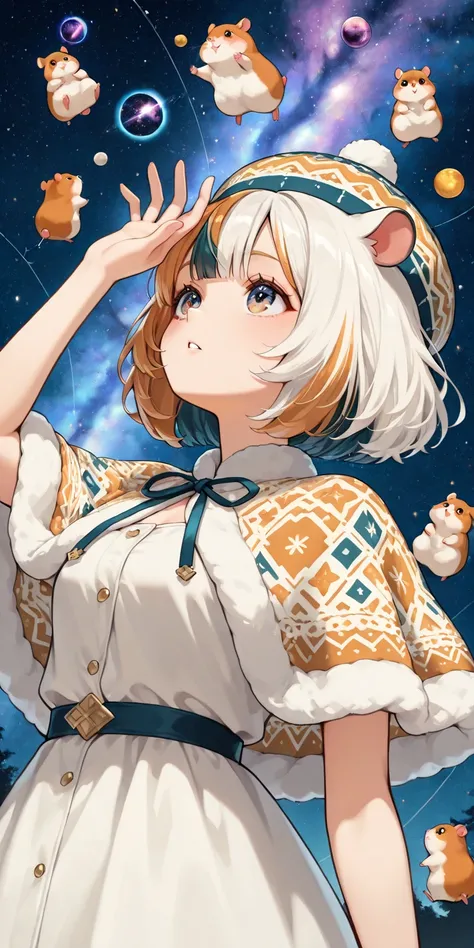 solo,1girl\(looking up at the sky,Hamuko-chan, cream-color hair,bangs,nit dress\(,Scandinavian pattern\),nit capelet\(nit,Scandinavian pattern\),nit hat\(nit,Scandinavian pattern\),hamster ears\). BREAK .background\((many hamster\(small, cubby, fluffy,\) f...