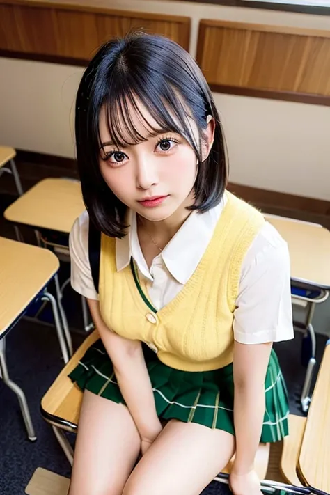 nsfw,upskirt,one woman,(school uniform,lemonchiffon knit vest,white dress shirt,yellowgreen pleated skirt),spread legs,panty shot,sitting in a chair,whole body,cute face,bob hair,midnightblue hair,from above,in the classroom,high quality,photorealistic,mas...