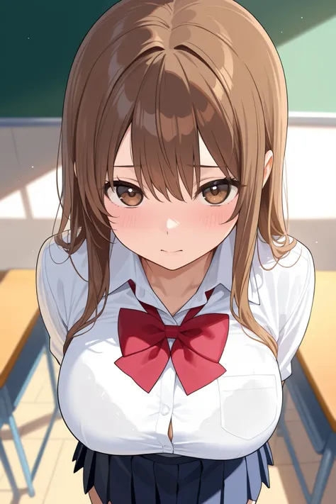  high school student , square, brown-haired,  big breasts, skirt,  white shirt,  Masterpiece 