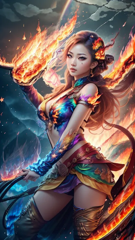 8K, ultra detailed, masterpiece, 1 fire girl, good Asian face, detailed eyes, very long hair, hire hair, (fire outfit:1.8), (Rainbow outfit:1.5), (spreading fire:1.5), (flame aura:1.4), flame in hands, perfect body,