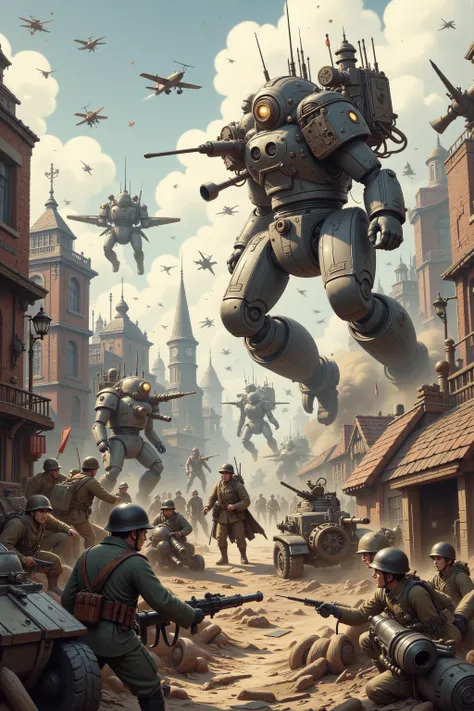 A world war 2 battle field, soldiers fight in trenches during a pitched battle of the allies versus the Nazis. Instead of tanks and planes lumbering steam powered mecha (British) and nimbler diesel fueled mecha (American and Nazi) fulfill the same role. Cl...