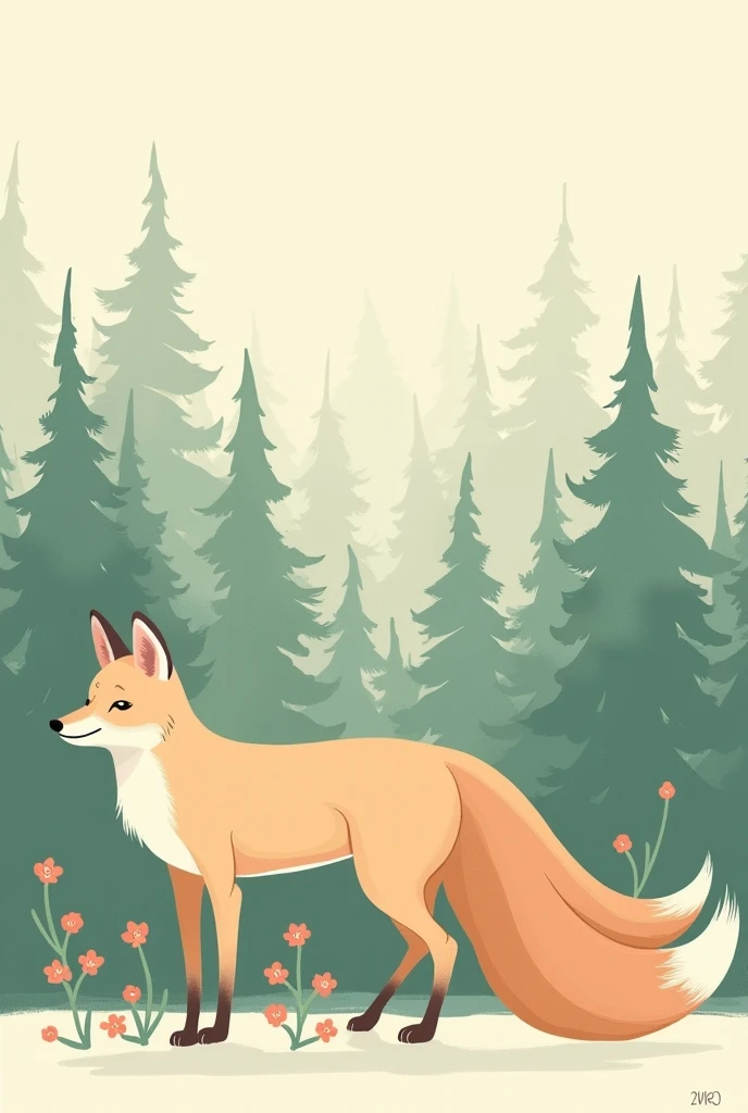 Minimalist fox with 9 tails in front of the forest 