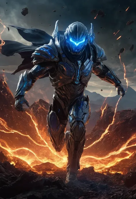 1male, space warrior in sleek metallic armor with glowing blue accents and intricate engravings; the armor features a flowing black cape dramatically billowing in the wind; wielding a plasma sword mid-swing with radiant blue energy trails; the character is...